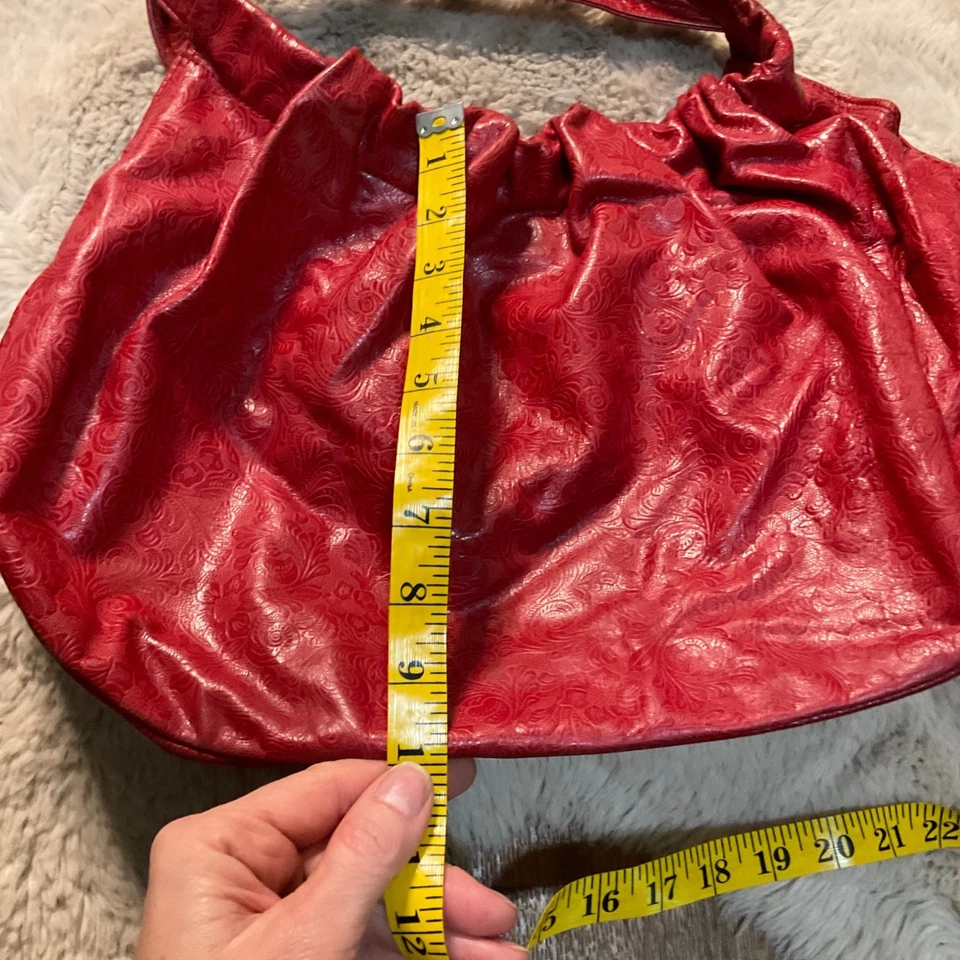 Hype Shoulder Bag Purse Red Engraved Scrunch Top Snap Closure Floral Women Hobo - Image 4 of 4