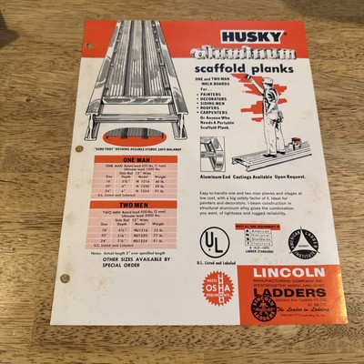 Lincoln Ladders Co. HUSKY Aluminum Scaffold Planks 1972 Sales Brochure Sheet