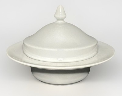 Spal Porcelain Roulette White Covered Butter Dish Bowl Portugal MCM Finial Lid