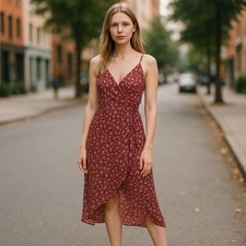 Womens Romantic Wrap Floral Cami Dress Red Spring Vacation Summer Small/Medium 