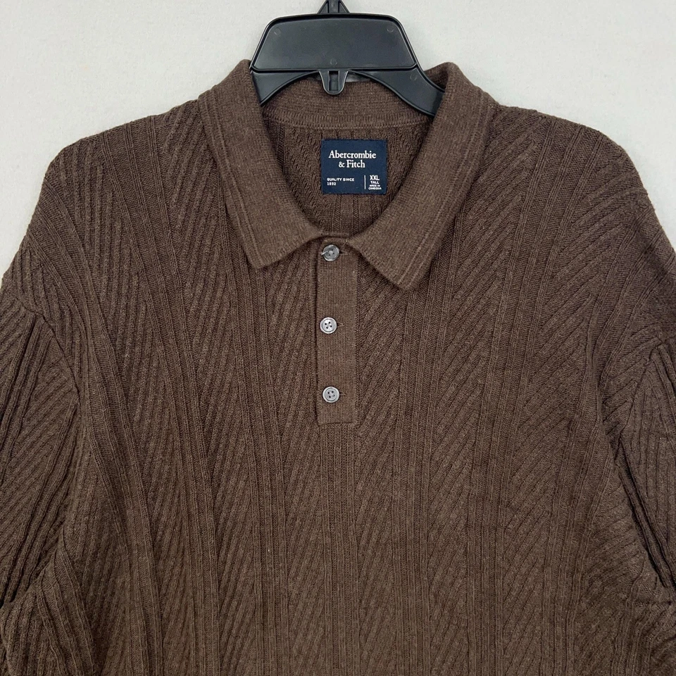 Suéter Abercrombie & Fitch Para Hombres XXL Alto Marrón Cuello Polo Manga Larga Tejido Foto 2 de 4