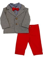 Infant Toddler Boys Dress Up Gray Jacket Red Pants Bow Tie Outfit Set 3/6M