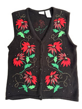 Vintage Bobbie Brooks Christmas Vest M Black Knit Red Poinsettia Gold Beaded