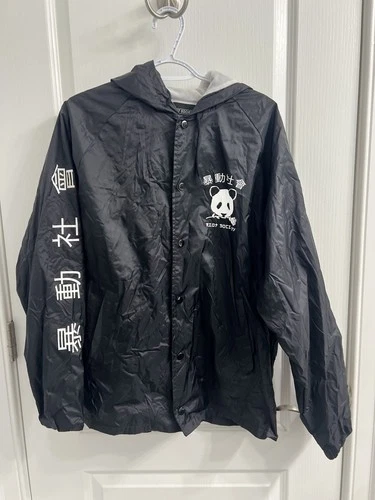 Riot Society Black Panda Kanji Graphic Hooded Coach Jacket Windbreaker Mens L video thumbnail