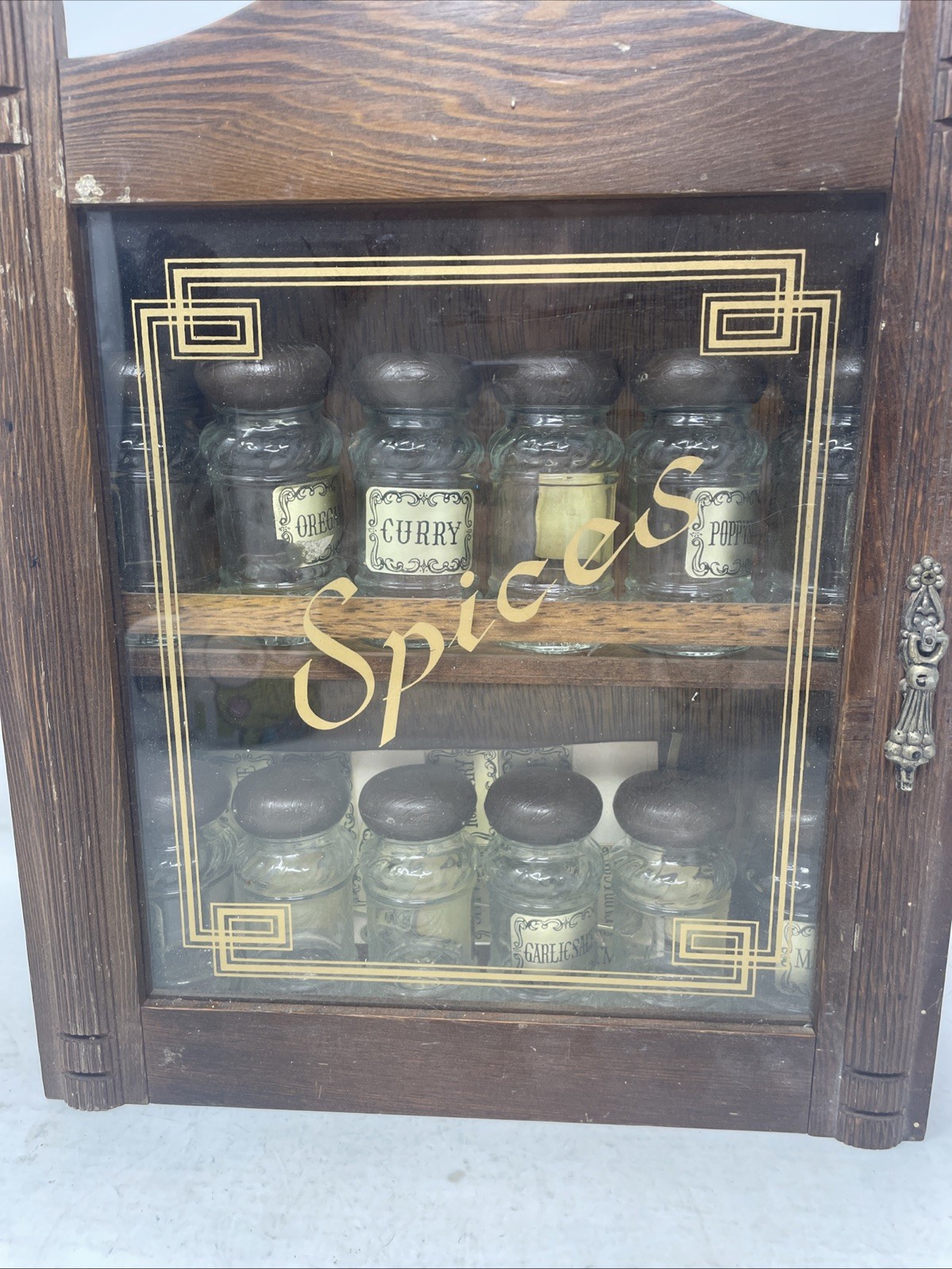 Vintage Wooden Wall Hanging Spices Cabinet & Glass Jars