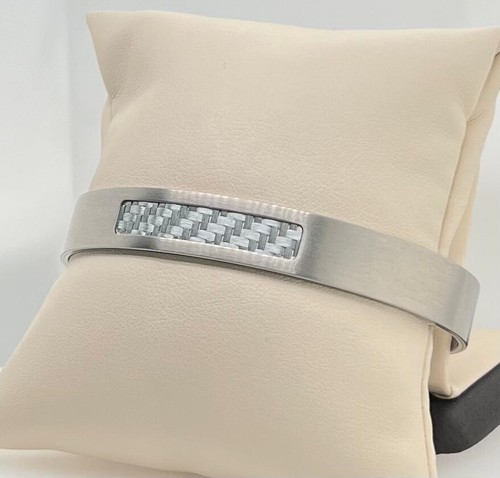 Men Stainless Steel Carbon Fiber Centerpiece Cuff Bangel - 第 2/3 張圖片