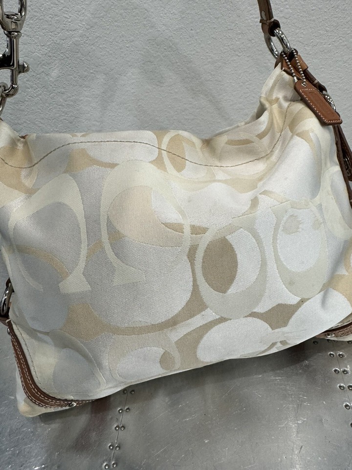 Coach Carly Cream Tan Canvas Leather Trim Zipper Hobo Shoulder Bag W