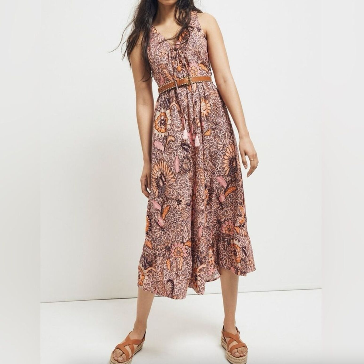 Madewell Lace-Up Ruffle Hem Midi Dress Bali Blooms Size 8