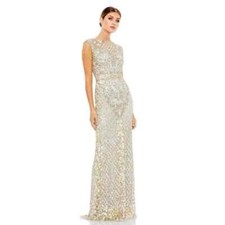 Mac Duggal Fringe Sleeve Embellished Dress Platinum Gold Size 10 NWT 