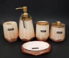 ENVOGUE 5 PC SET PEACH PINK GOLD ACRYLIC DISPENSER,JAR,DISH,TUMBLER,TOOTHBRUSH