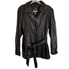 Relativity Coat Womens Xl Black 100%  Leather Zip Front Belt Pockets Fully Lined