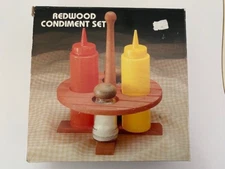 Vtg Redwood 5 Pc. Condiment Set. Round Table Salt & Pepper Shakers, 2 Dispensers