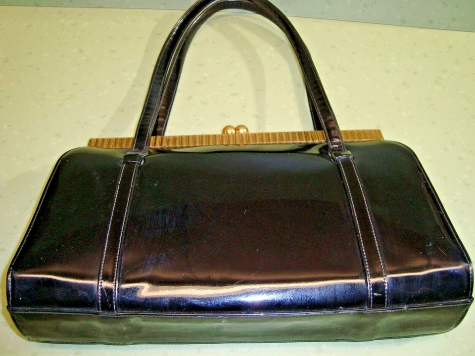 50's Vintage Black Patent Leather Handbag Morris Moskowitz MM Ball Closure - Image 2 of 4