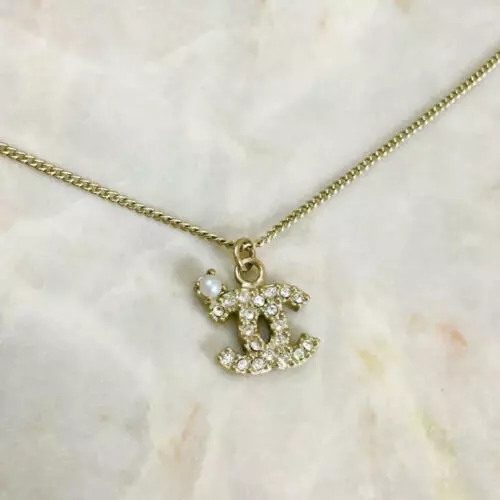 CHANEL Pendant Necklace CC Logo Pearl stone Rhinestone light Gold