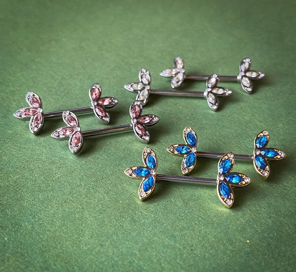 PAR Juego de Cristal Tres Extremos de Flores de Pétalos 14g 1/2" Anillo de Pezón Barbells Escudos Foto 4 de 4