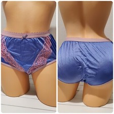 Shiny Double Nylon LACE Silky Granny Panty Wide Gusset 6/M Blue Pink Swirl