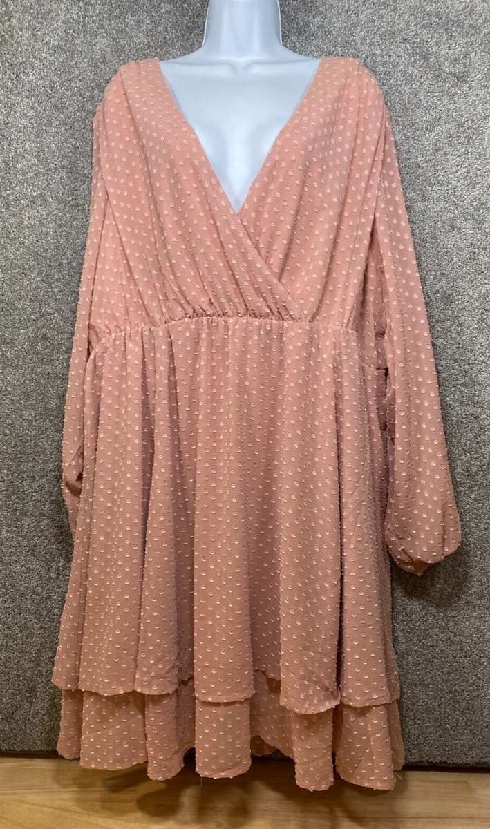 torrid pink polka dot dress Torrid 3X Chiffon Pink Swiss Dot Dress Knee Length Polka Dot Lined Sheer  V-Neck