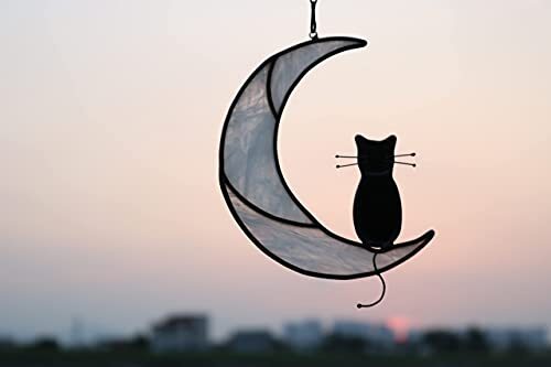 Vidrio Negro Gato En Luna Colgantes Ventana Adorno Regalo para Blanco - Imagen 4 de 7