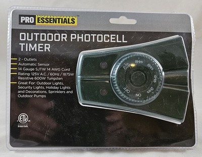 Pro Essentials Outdoor Photocell Timer 14 Gauge Cord 2 Outlets 125V AC
