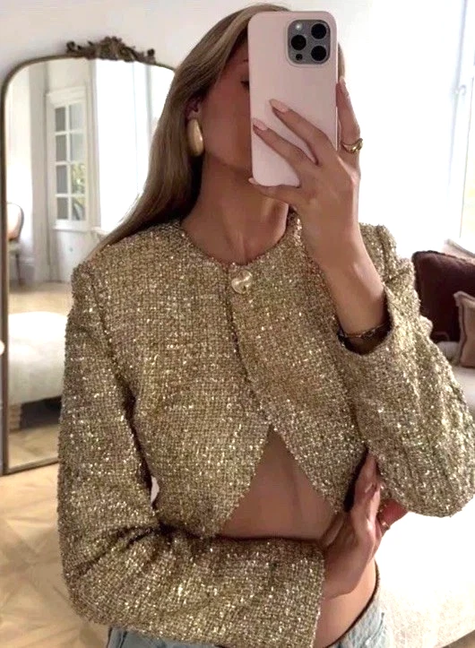 NWT ZARA Metallic Thread Textured Cropped Jacket Golden-colored NWT ZARA Metallic Thread Textured Cropped Jacket Golden-colored
