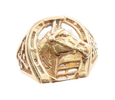 14K GOLD Vintage Openwork Horse Head  Horseshoe Good Luck Ring Sz 9 GR554