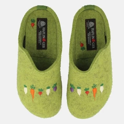 Haflinger Hausschuhe Pantoffel Clogs Grizzly Rübli gün Wolle Filz Fußbett