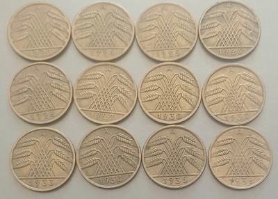 German Weimar Republic A Mint 10 Pfennig Lot Of 12 Coins