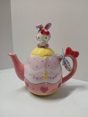 Sanrio Hello Kitty Ceramic Easter Bunny On Egg Teapot Blue Sky Clay Works Rare