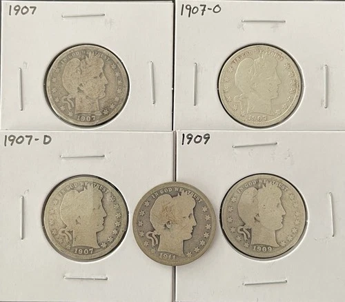 Barber Quarter Lot of 5- Mixed Dates - 90% Silver -