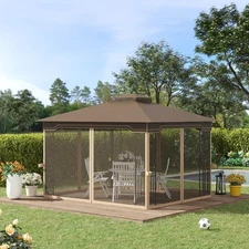 10' x 12' Patio Gazebo Outdoor Canopy Shelter w/ 2 Tier Roof, Brown