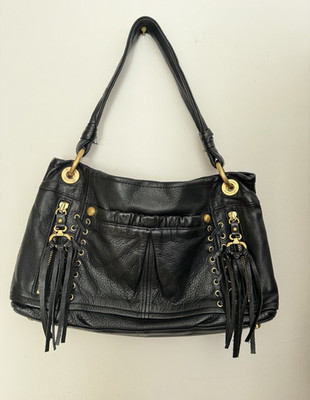 B. Makowsky Black Shoulder Bag Gold Hardware Tassel Accents Magnetic Zip Closure