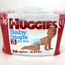 Sealed Pack 36 Medium Size 3 1992 Huggies Baby Step Him Vintage Plastic Diaper