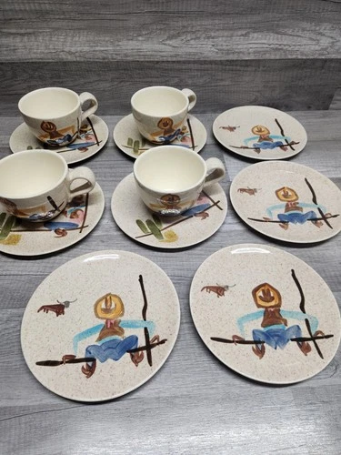 Lot of 12 Pcs Rare Red Wing Pottery Round UP Cowboy Chuck Wagon Wild West