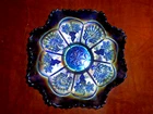 Vintage FENTON Blue Carnival Glass PEACOCK & GRAPE Pattern Bowl 9"