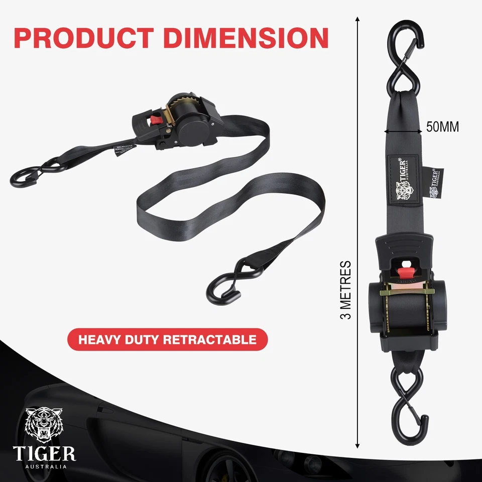 Tiger Australia® 50mm × 3m New Auto Slow-Retracting Design Ratchet Straps 2-Pack - image 2 of 4