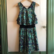 PRINCESS VERA WANG Green Blue Floral Cutout Ruffle Fit Flare Dress JUNIORS JRS 7