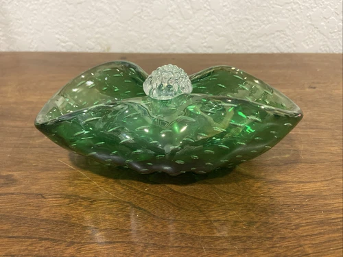 Murano Glass Galliano Ferro Bullicante Controlled Bubble Green Bow Bowl MINT