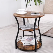 Round Side Table Small Accent End Table with Storage Shelves, for Small Spaces