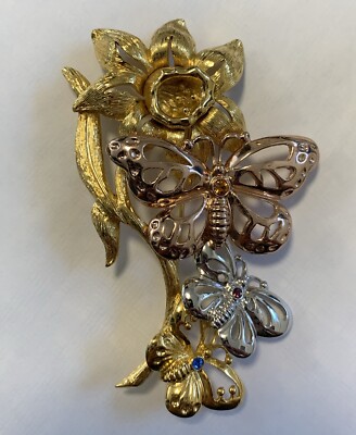 Multi Color Metal Three Butterflies On Daffodil Flower Large Brooch 