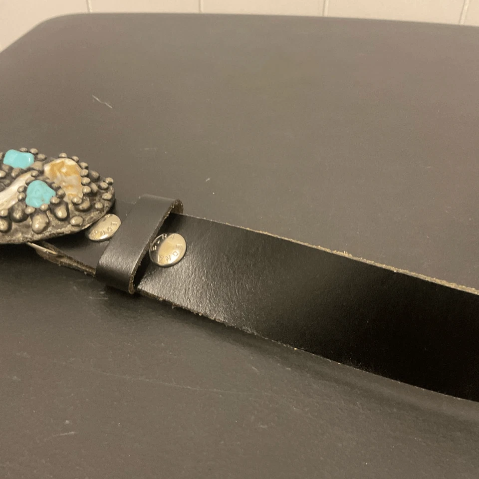 De colección Edna Cuero Genuino Negro Con Hebilla de Cinturón Hebilla Navajo Hecha a Mano 38 Foto 4 de 4