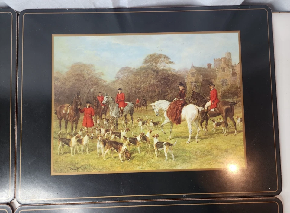 4pc Pimpernel Tally Ho Black Hunt Hounds Meet Table Cork Placemats England - Image 3 of 4