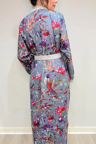 Indian Grey Bird Cotton Robes Long Kimonos Sleepwear Night Suit Kimonos Robes US - Picture 4 of 7