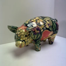 VTG Floral Decoupage Pig Piglet Joan Baker Statue Figurine Patchwork Floral