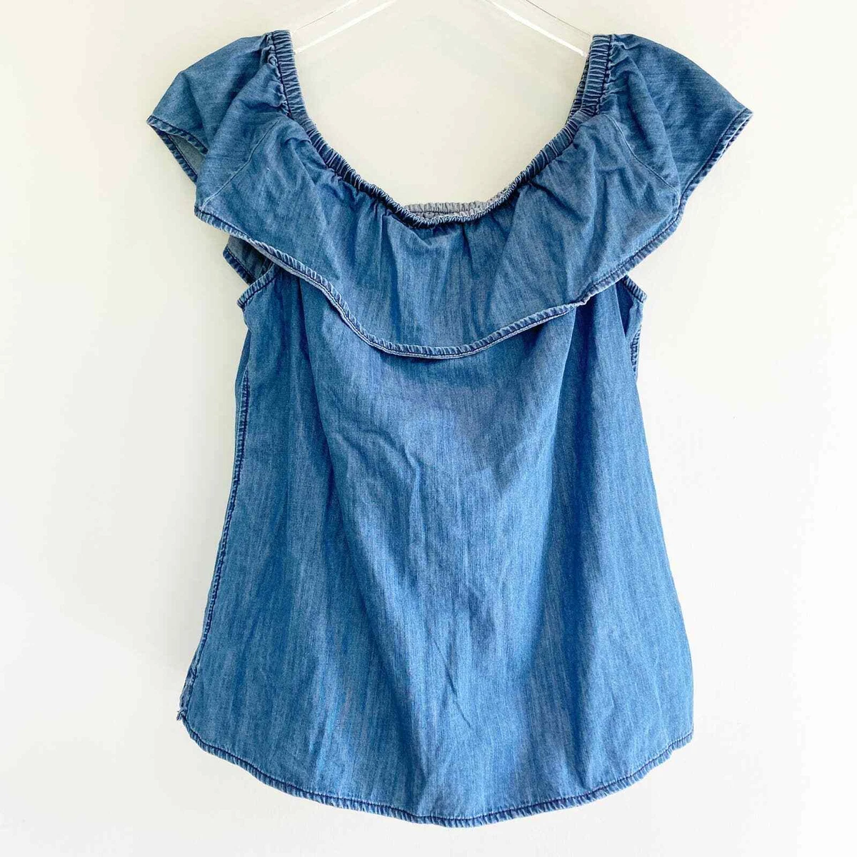 White House Black Market Denim Flounce Off The Shoulder Top