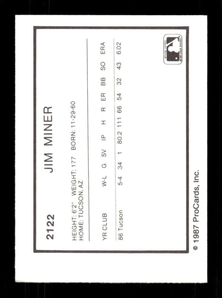 1987 ProCards Tucson Toros 2122 Jim Miner BXCP30 - Image 2 of 2