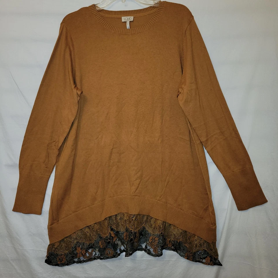 LOGO de Lori Goldstein XL Túnica Top Pullover Manga Larga Encaje Borde Golen Marrón