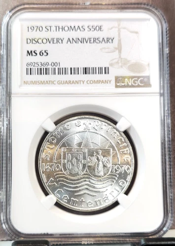 1970 SAINT THOMAS & PRINCE SILVER 50 ESCUDOS DISCOVERY ANNIVERSARY NGC MS 65 GEM