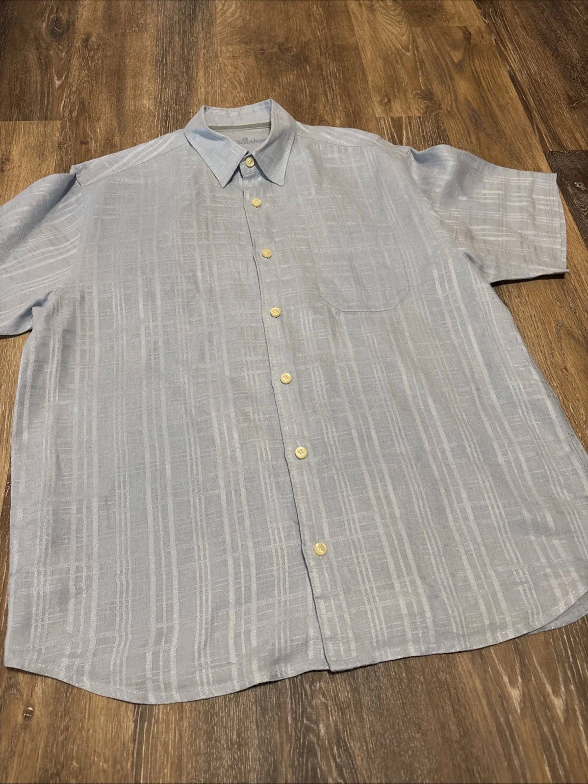Tommy Bahama Shirt Mens L Pale Blue Linen Button Front Summer Casual Window Pane