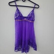 Fredericks of Hollywood Purple Lace Mesh Babydoll Chemise Lingerie M Cami Nighti
