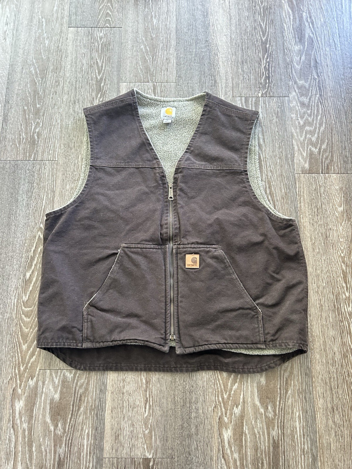 Vintage Carhartt Duck Canvas Vest Sherpa Lined Distressed XL Brown Outdoor